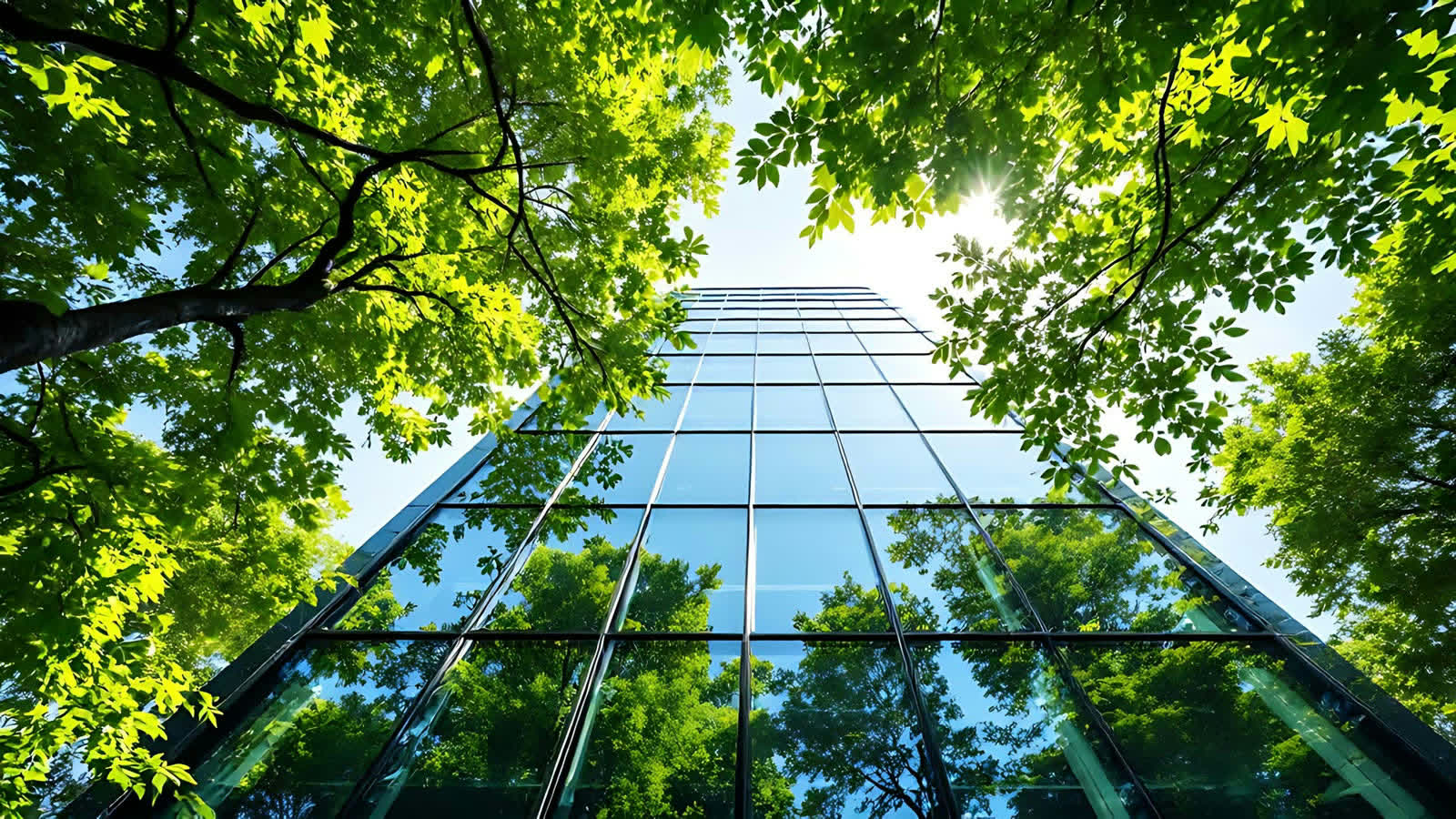 Looking up at a glass office tower framed by green trees